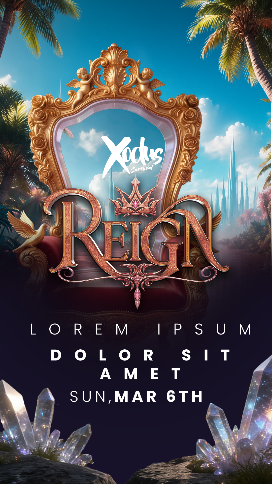 The gold REIGN wordmark and jewelled crown in front of a gilded baroque mirror throne, framed by palms, doves and glowing crystals.