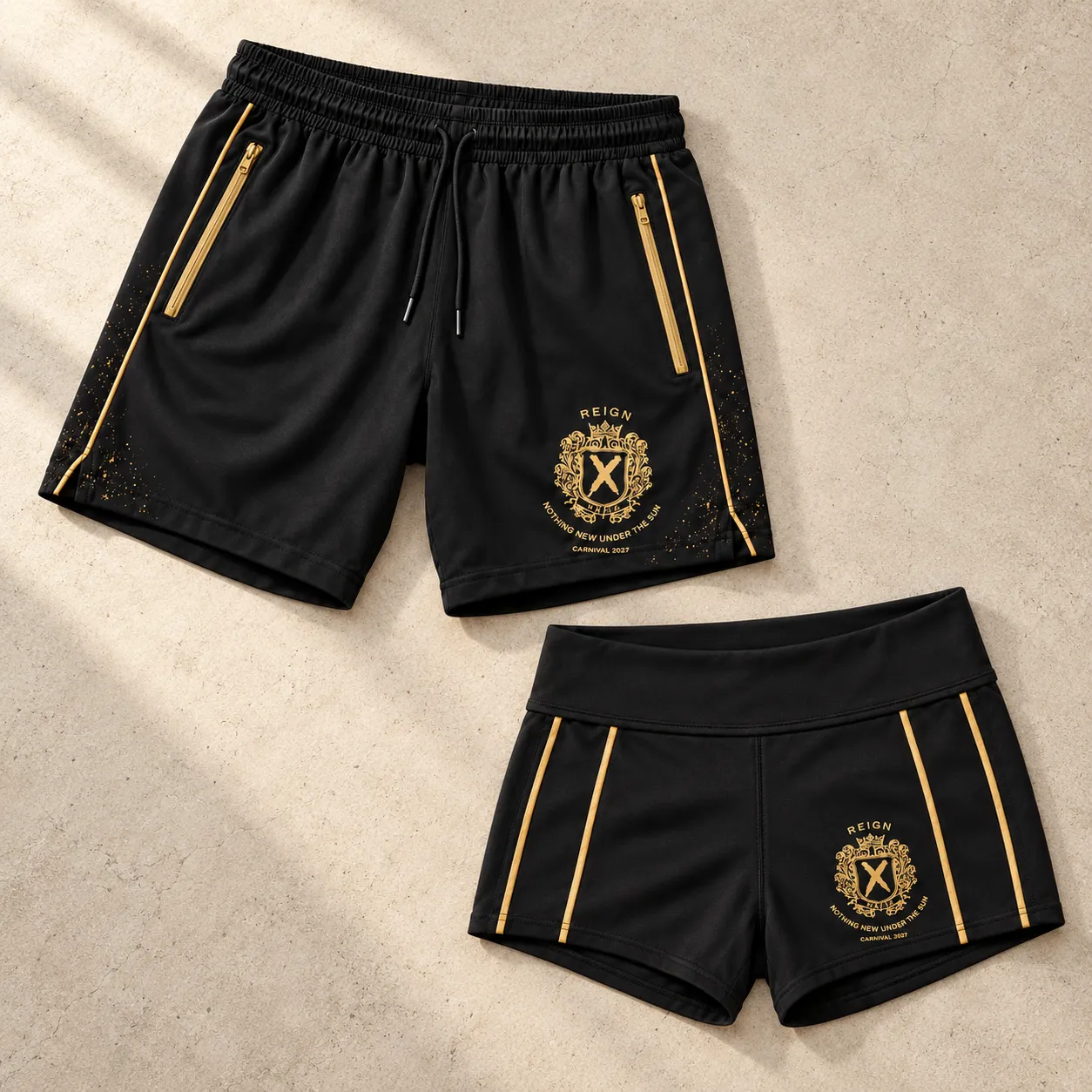 REIGN branded shorts: male loose shorts and female fitted shorts, both black and gold with the crest