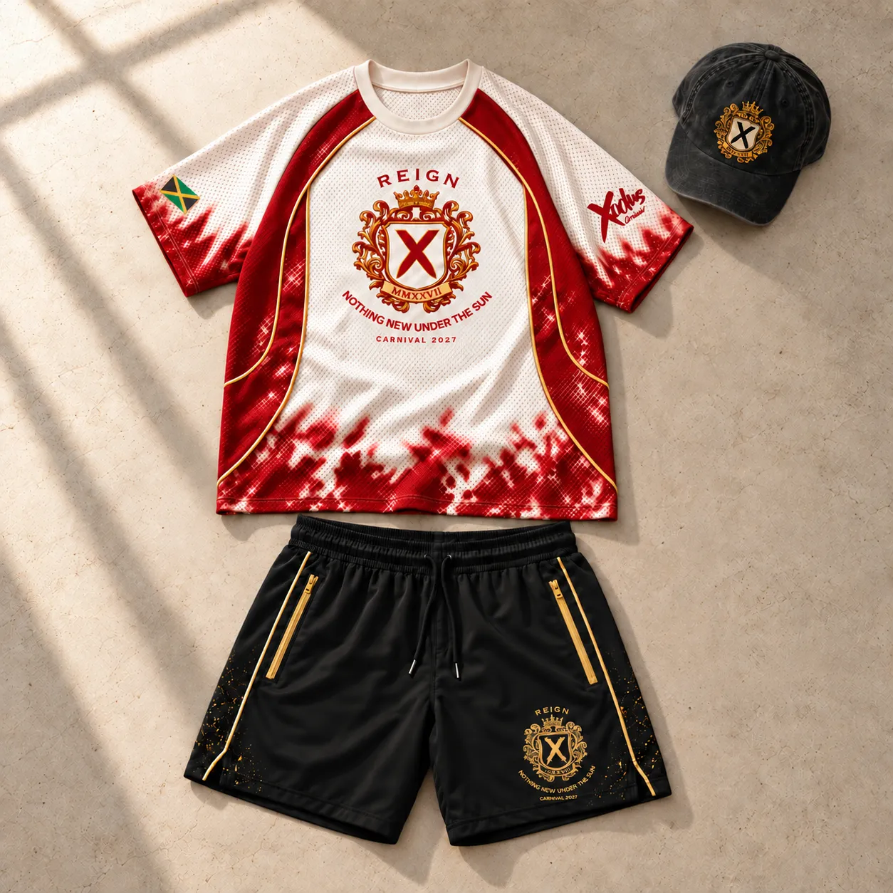 Male T-Shirt Package in Red: unisex REIGN shirt and male shorts